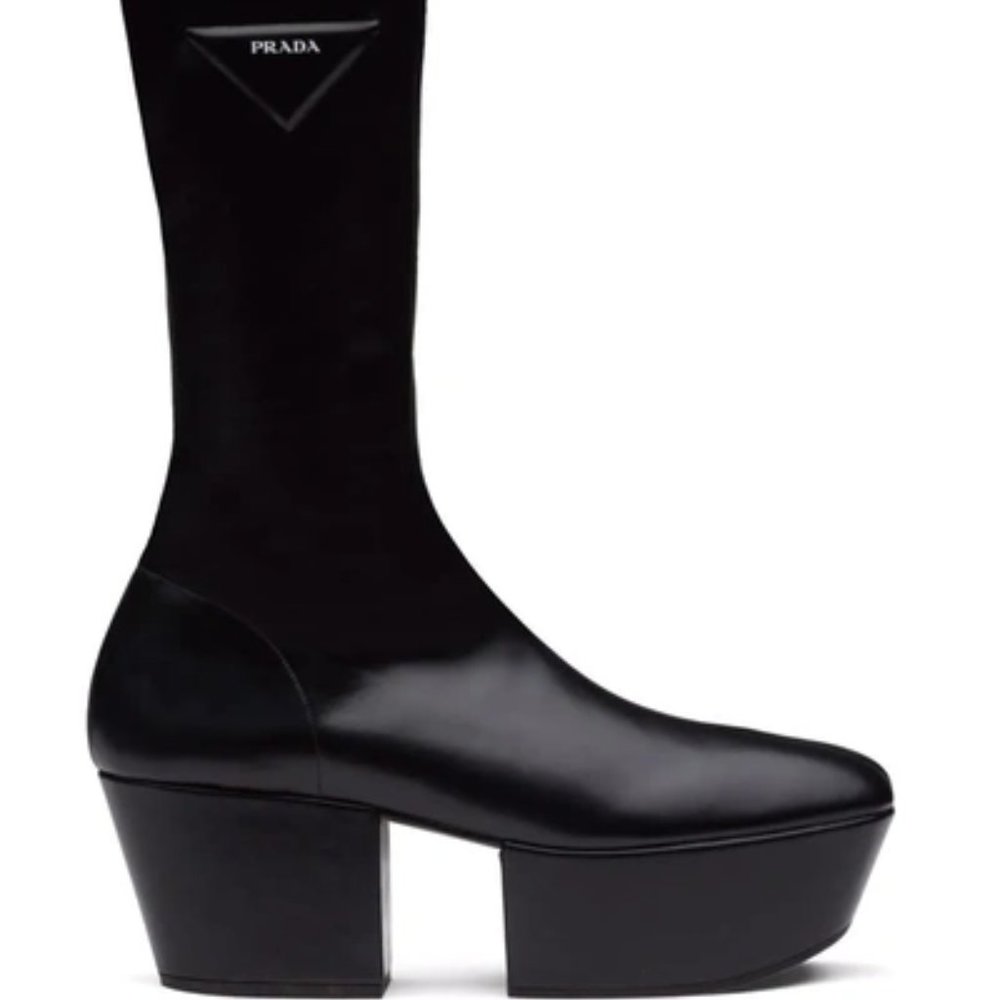 Prada Triangle Logo Platform Boots In Black - BNIB